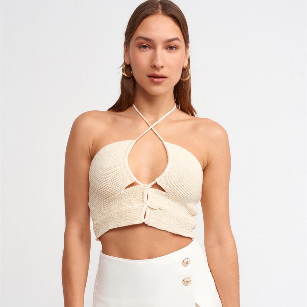 Lace-Up Knitwear Top-Natural
